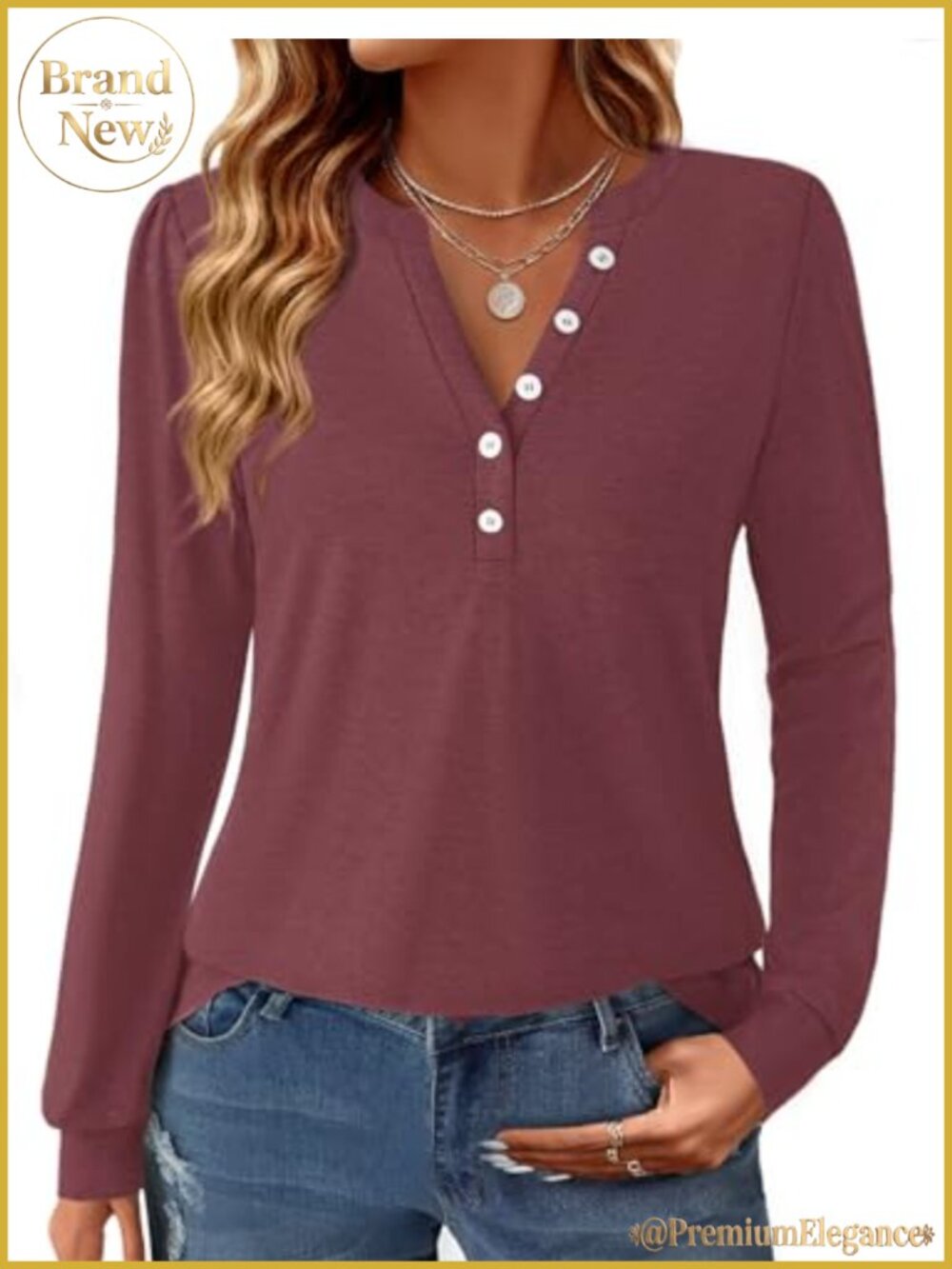 V-Neck Button Puff Long Sleeve Tunic Blouse